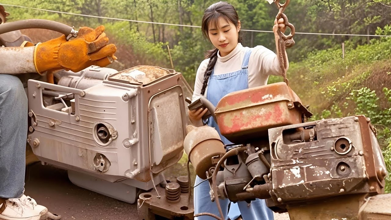 💡天才女孩用大吊机带回机器，机器损坏严重，女孩在冷风中成功修复！The genius girl lifted the machine back with a big crane ｜林果儿