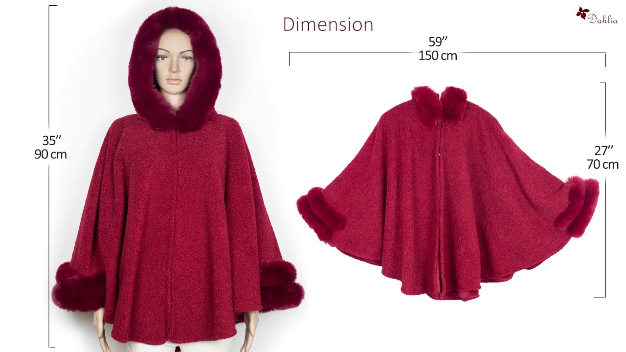 Dahlia Women's Faux Fur Fleece Lined Poncho Cape with Trimmed Collar, Hood, Cuffs