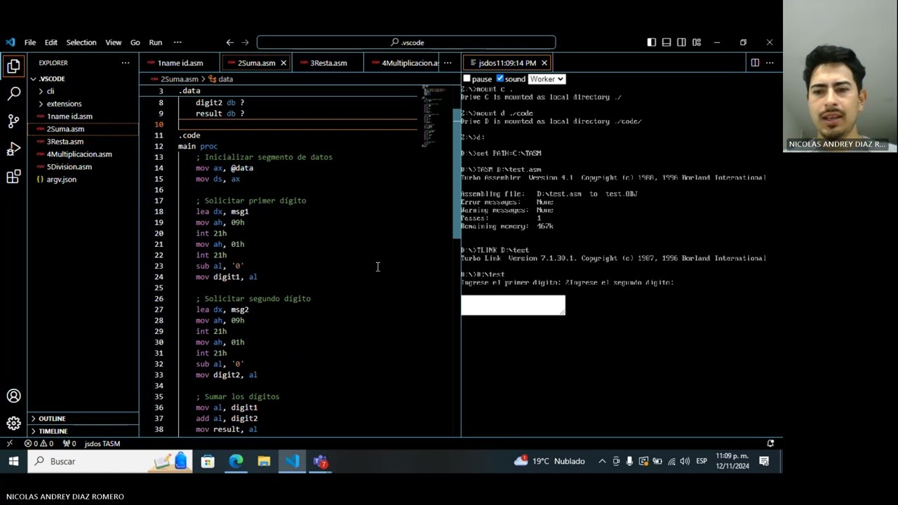 Funcionamiento del Visual Studio Code y la extensión MASM/TASM