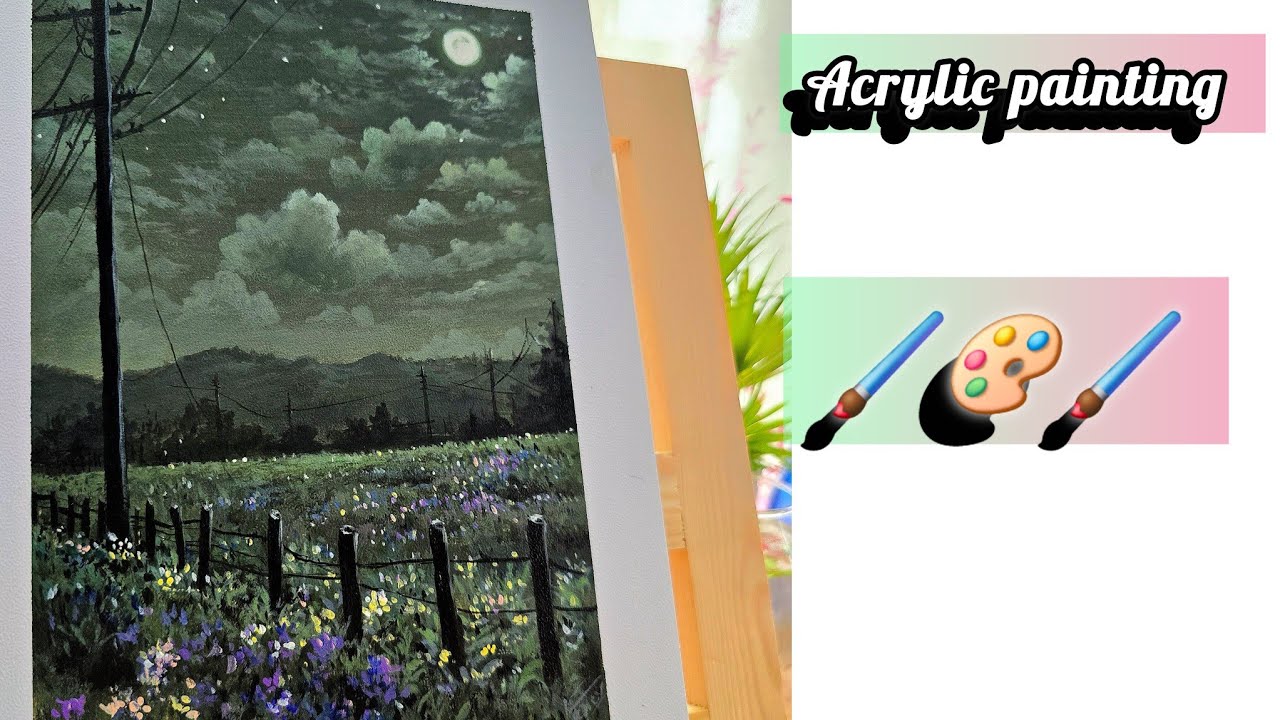 Ghibli studio painting // Acrylic painting technique// Step by step moonlight night painting 