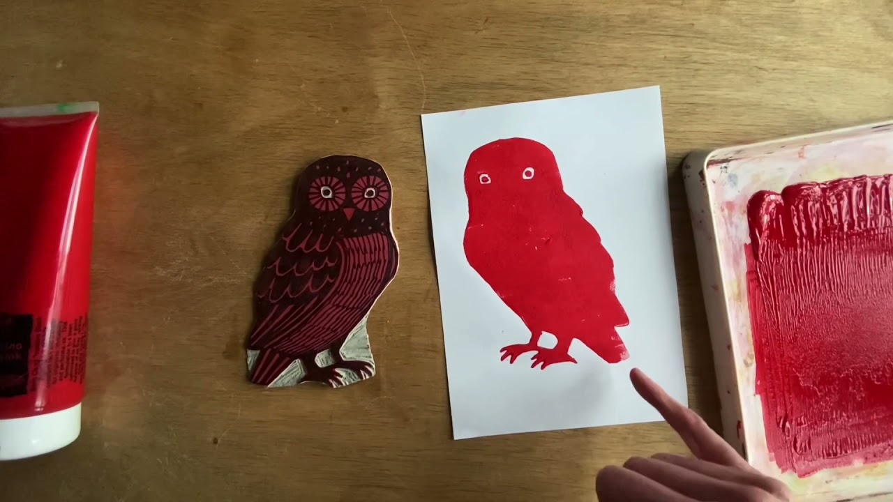 Owl Lino print- ink and print by hand and press