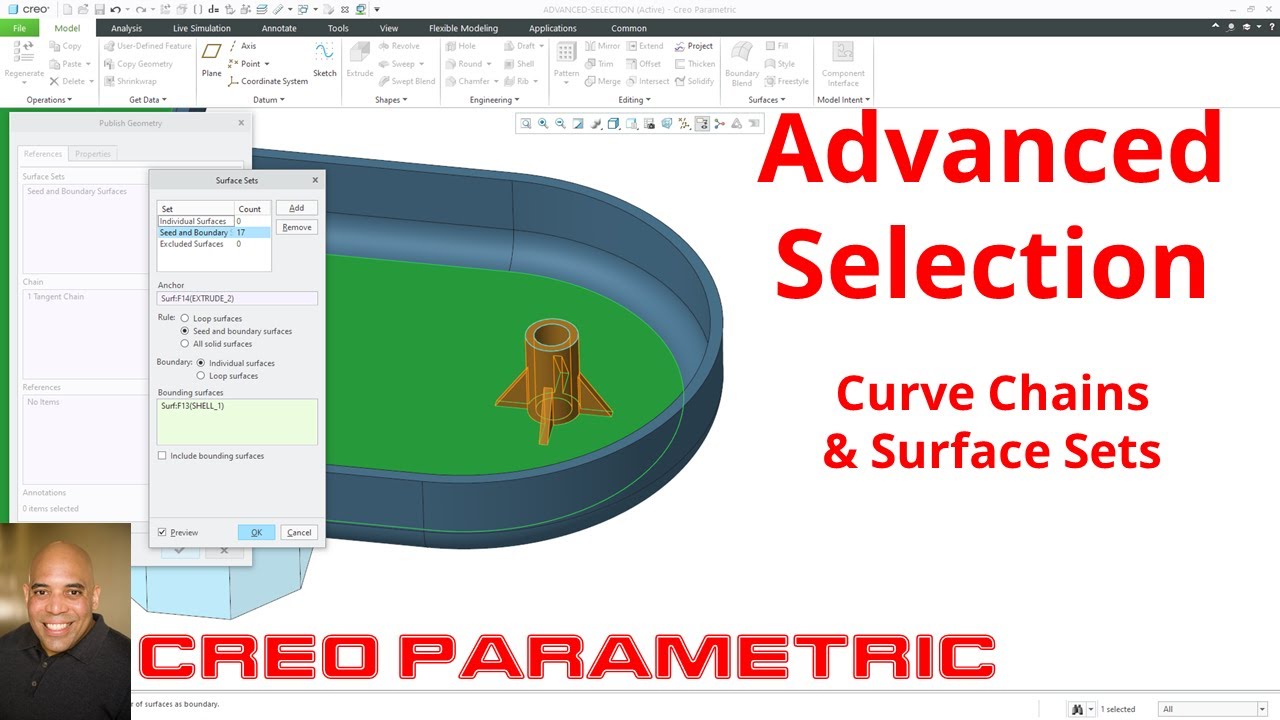 Creo Parametric — Расширенный выбор — Цепочки кривых и наборы поверхностей