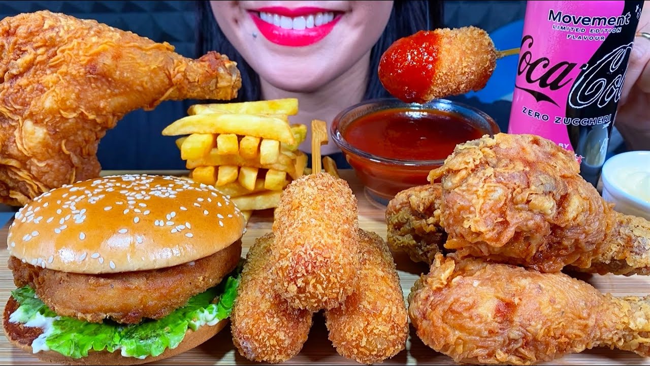 ASMR CHICKEN BURGER, CHEESE CORN DOG, FRIED CHICKEN, FRIES MUKBANG MASSIVE Eating Sounds