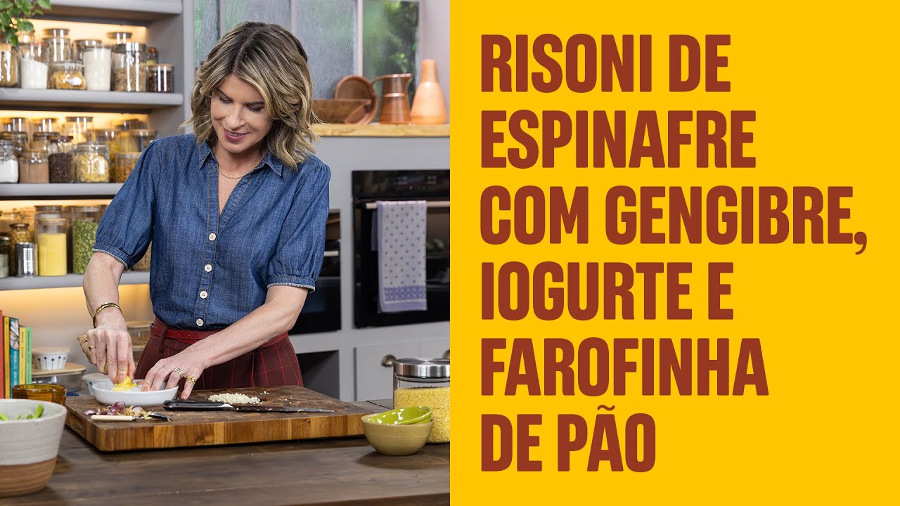 Risoni de espinafre com gengibre, iogurte e farofinha de pão