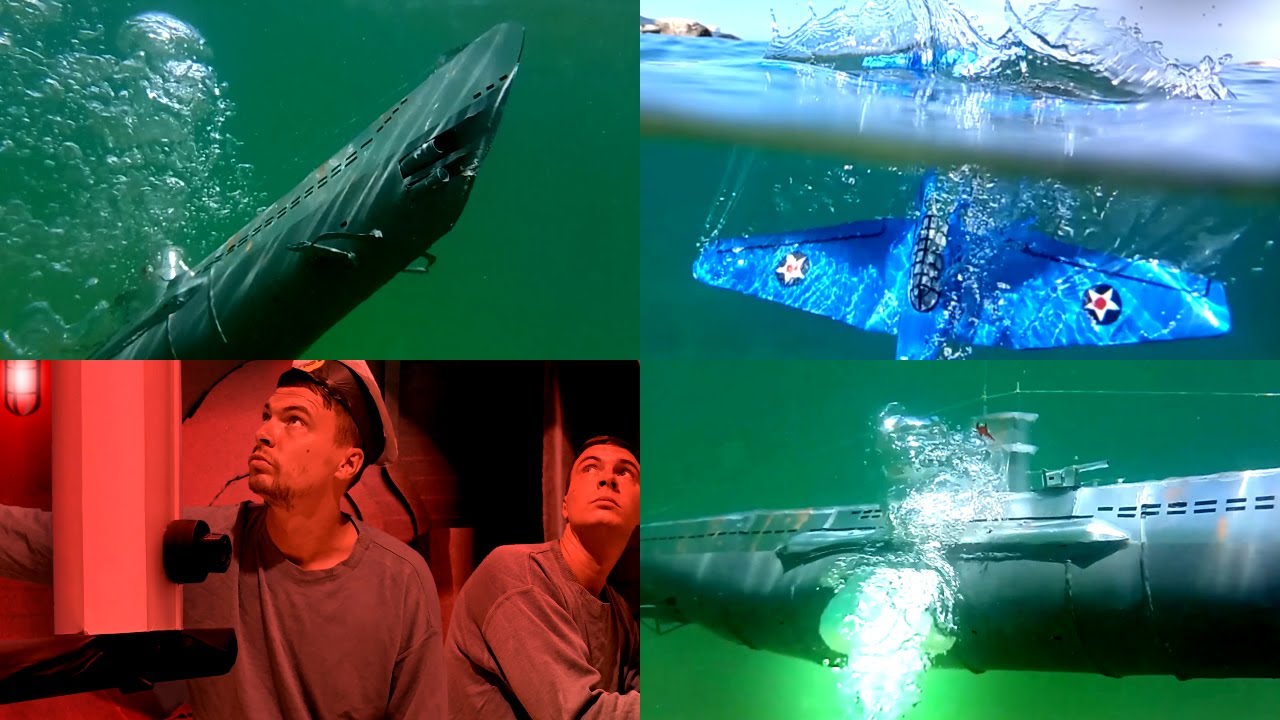 Uboat in battle against a cardboard ship and warplane, sinking a model submarine using depth charges