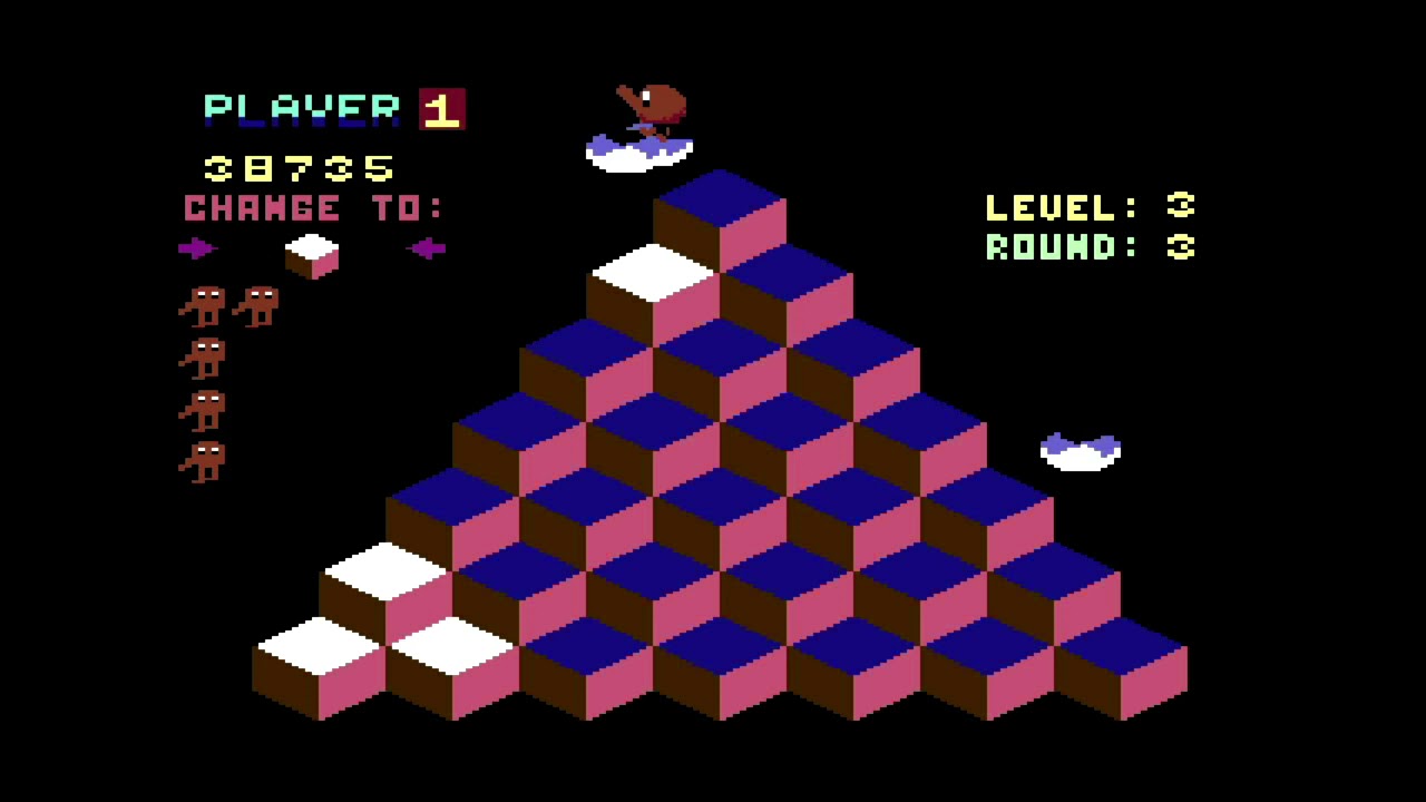 Q*Bert Gameplay on the Commodore 64 - Levels 1 to 9, No Q*Bert deaths
