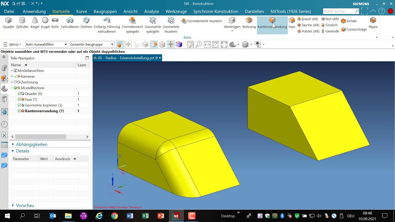 CAD NX Konstruktion Kantenverrundung Eckenr&uuml;ckstellung