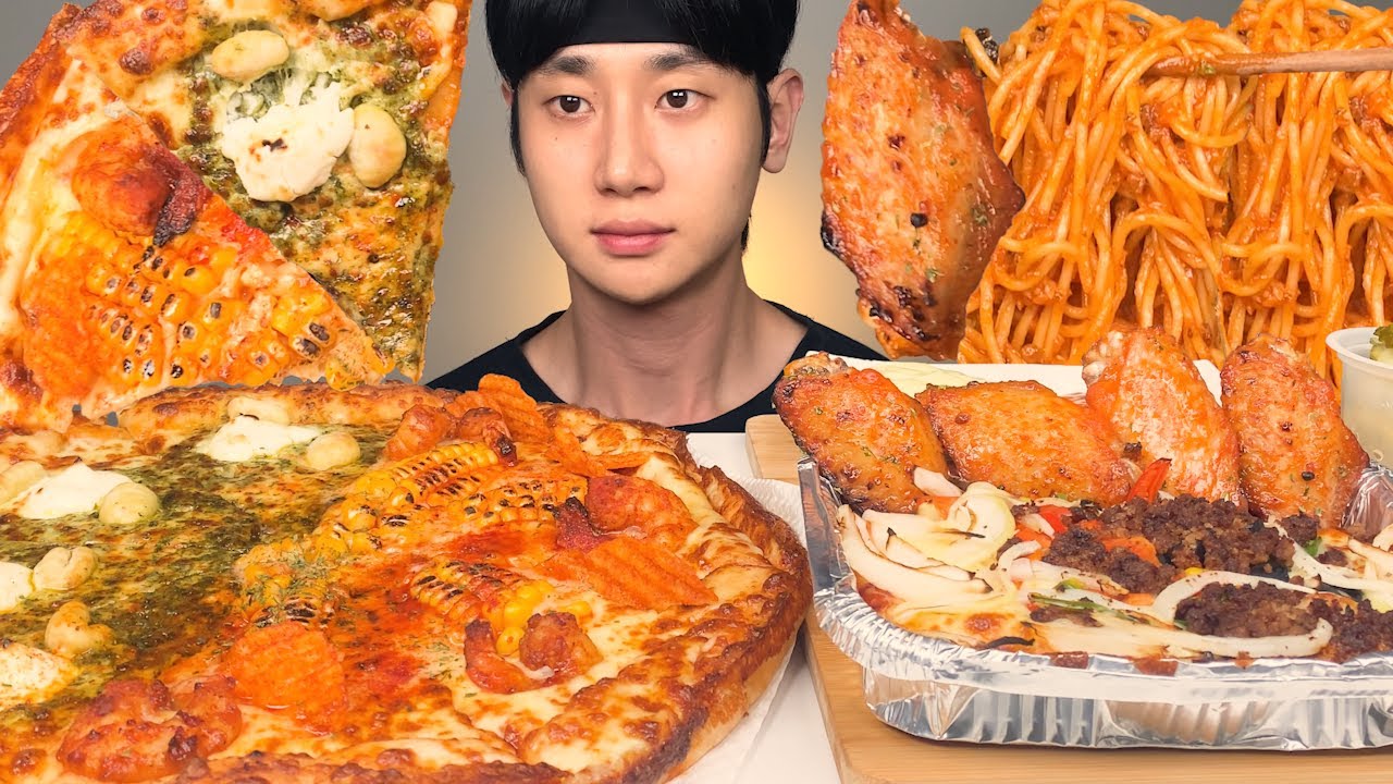 노모어 피자 옥수수새우피자 & 바질마스카포네뇨끼피자, 치즈오븐스파게티, 버팔로윙 치즈크러스트엣지 먹방 ASMR Pizza & Pasta, Buffalo Wings MUKBANG