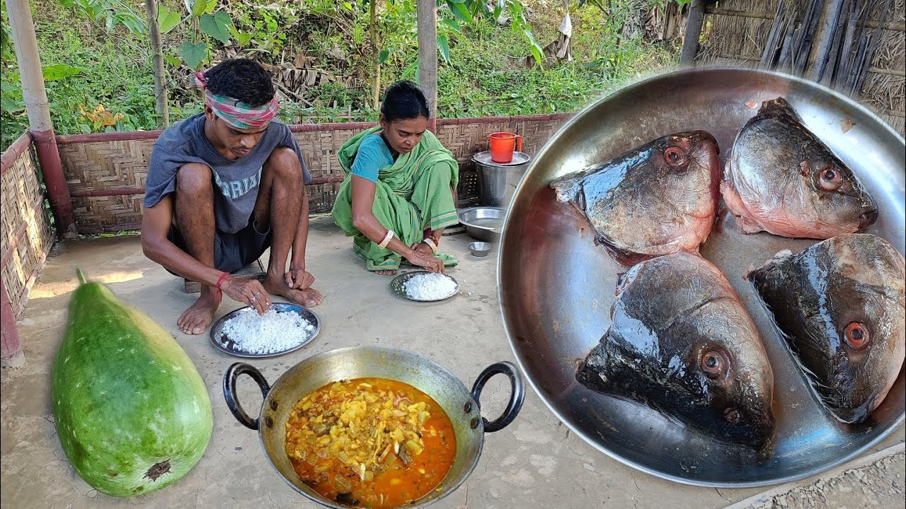 Rural Mother and Son Cook Delicious FISH HEAD Curry with Bottle Gourd for Lunch । village cooking