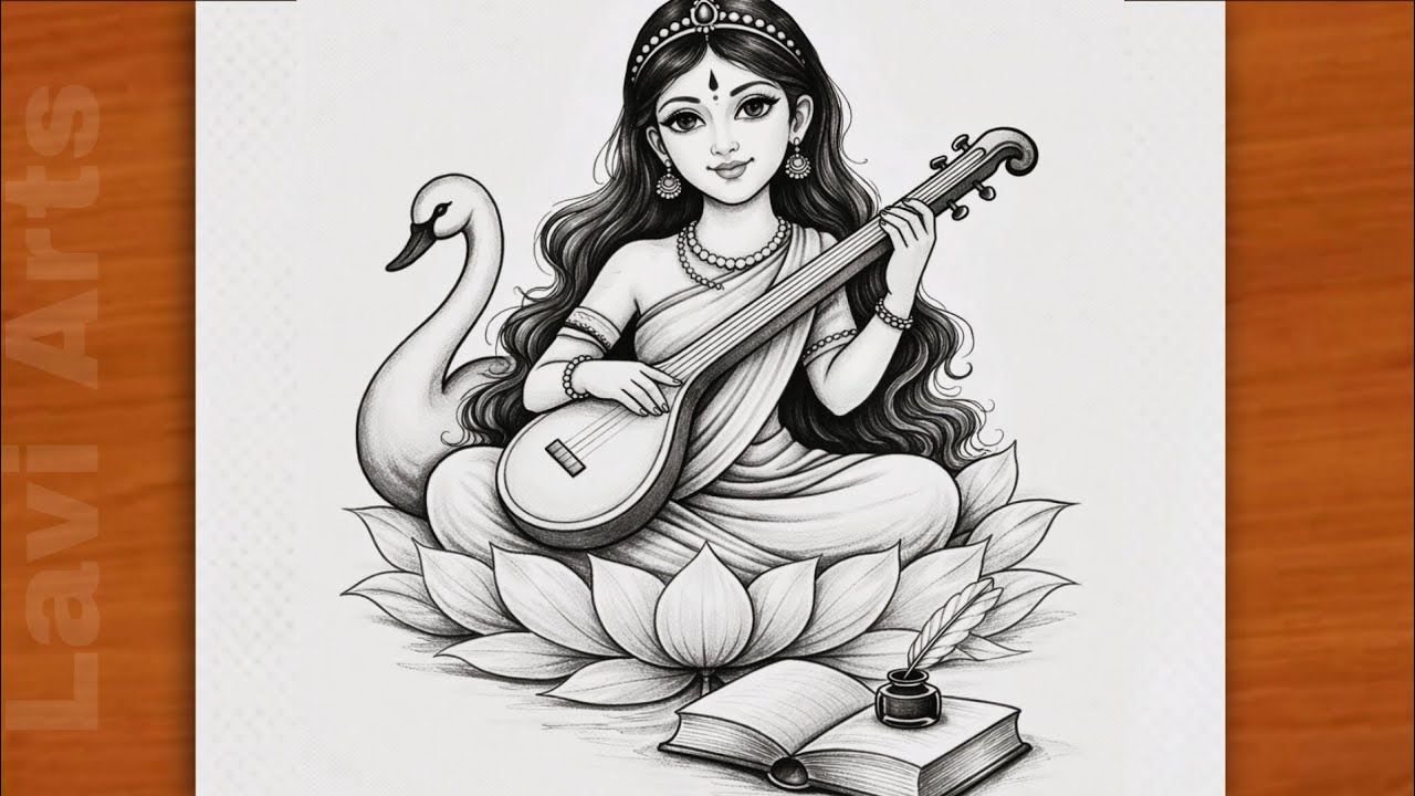 How to Draw Goddess Saraswati Step by Step | Easy Pencil Drawing for Beginners | Chitra | Lavi Arts 