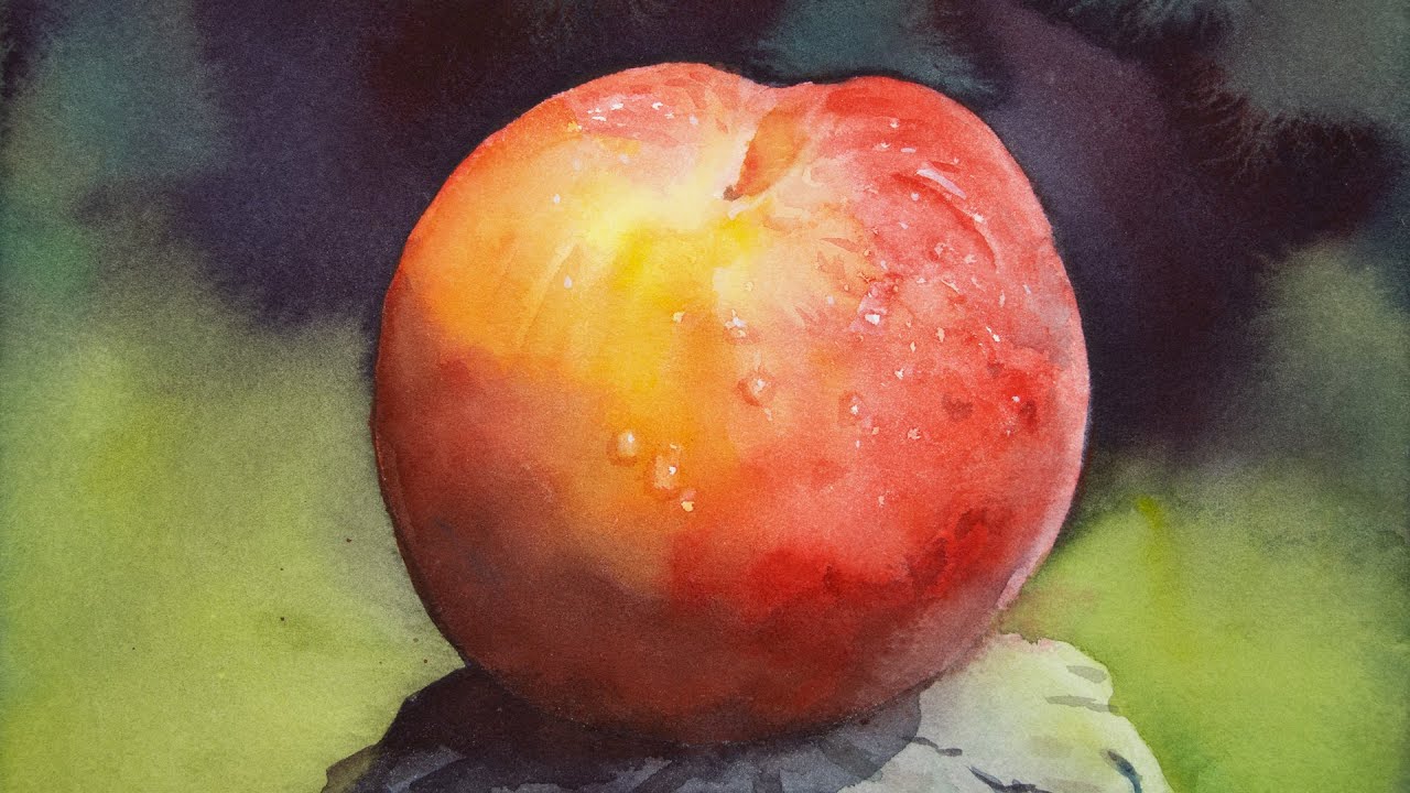 Watercolor painting a peach with water drops