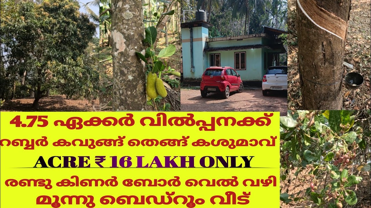 4.75 ഏക്കർ,റബ്ബർ കവുങ്ങ് തെങ്ങ് കശുമാവ് വീട് വെള്ളം വഴി ഏക്കർ ₹16 ലക്ഷം 