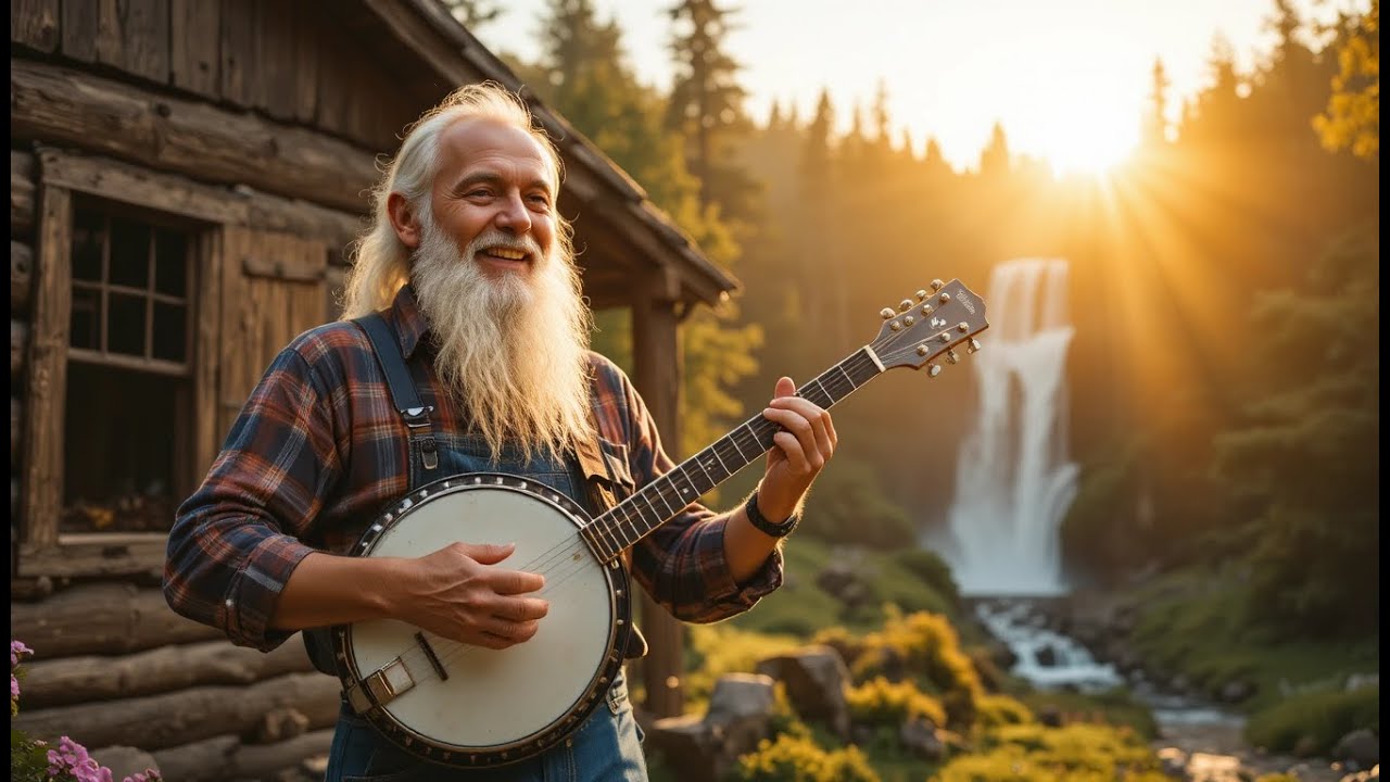 Echoes of Tradition: An Elderly Banjo Musician Creating Harmony Beside a Wooden Cabin and Waterfall
