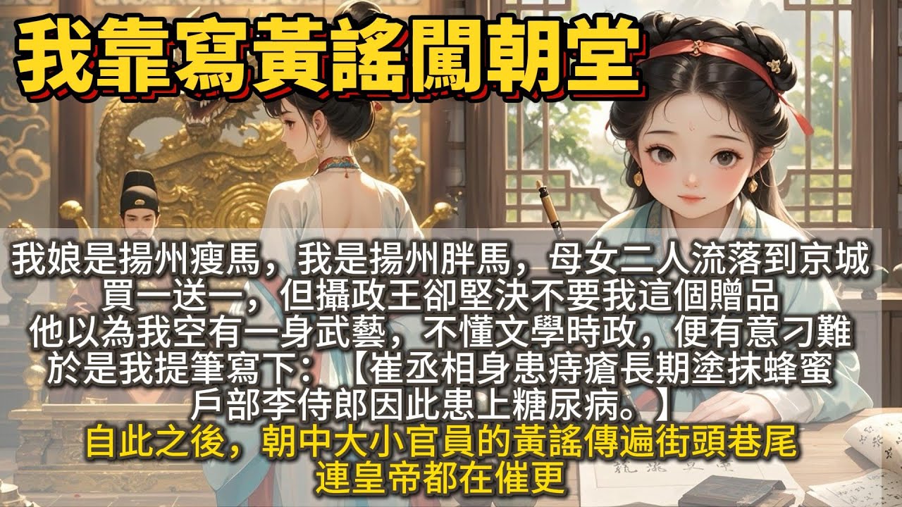 完結搞笑瘋癲爽文：我在朝堂写黄瑶。我娘是揚州瘦馬，我是揚州胖馬。母女二人流落到京城，買一送一，但攝政王卻堅決不要我這個贈品。 他以為我空有一身武藝，不懂文學時政，便有意刁難。