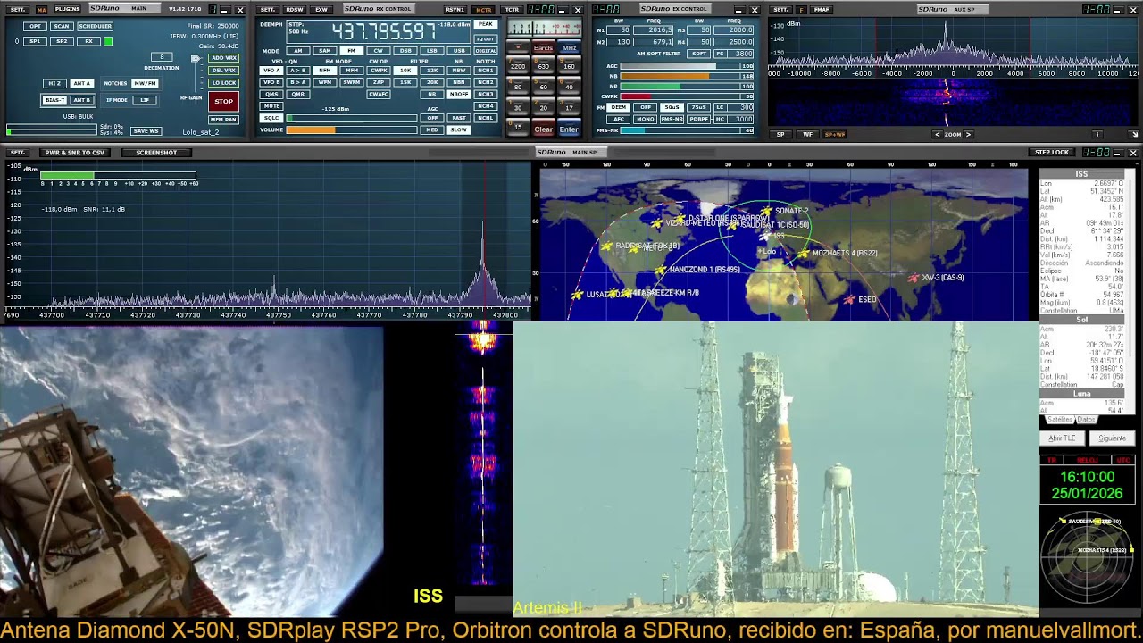 ARISS ISS QSO radioaficionados, 437.800 MHz, Directo, recibira en España el 25/01/2026 a 16:03 UTC.