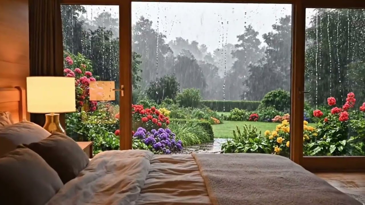 Cozy Rainy Bedroom with Flower Garden and Forest View Ambience for Deep Sleep and Relaxation