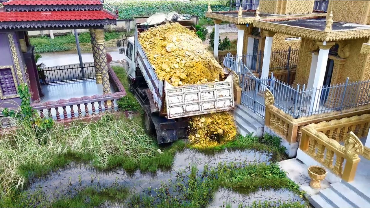 Perfectly Starting New project!DumpTruck Loading Soil Flooded Area In pagoda,Bulldozer Pushing Soil