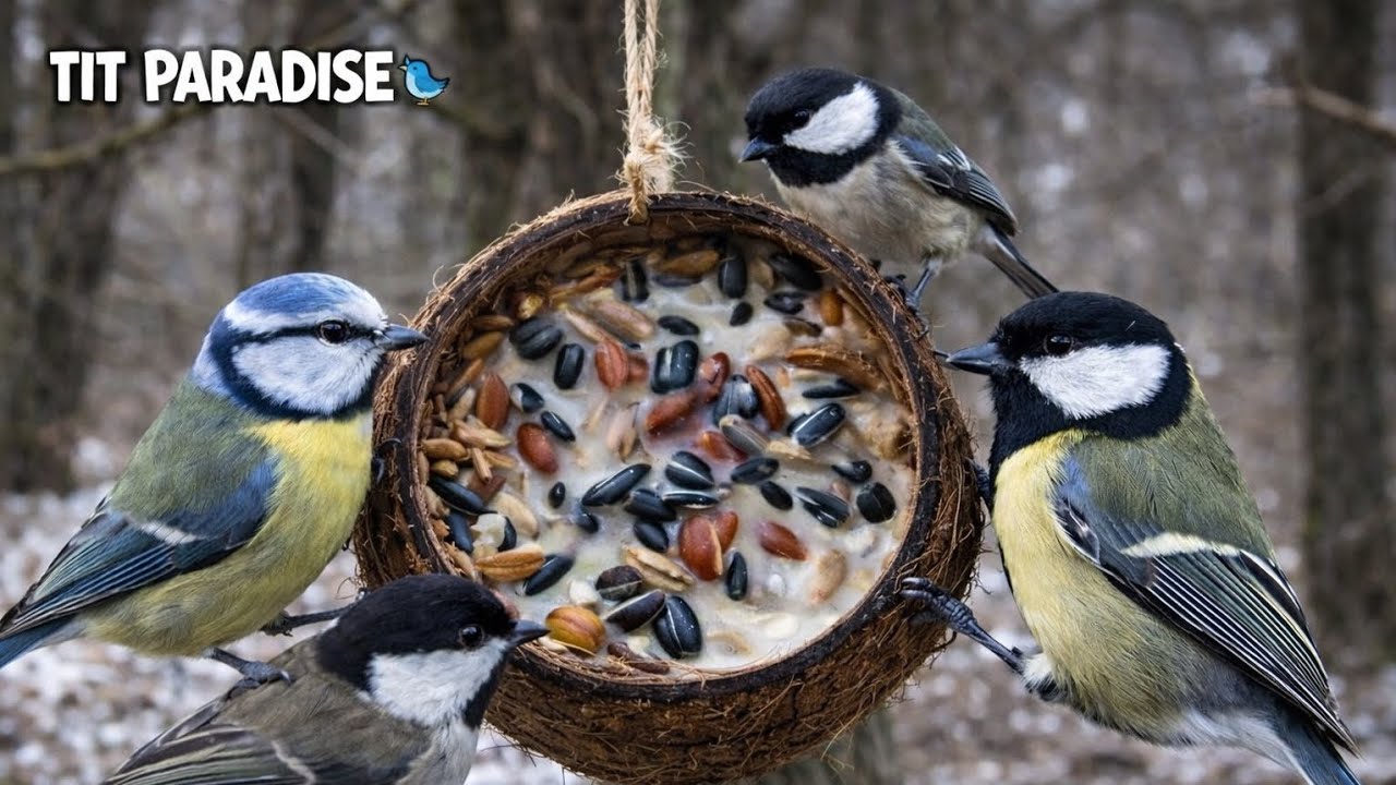 Tit Paradise at the Coconut Feeder 🥥🐦 | Blue Tit, Great Tit, Coal Tit & Marsh Tit