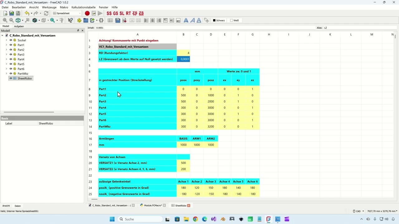 Teil 3: FreeCAD, Robotersimulation, Makros Streckstellung und Grundstellung