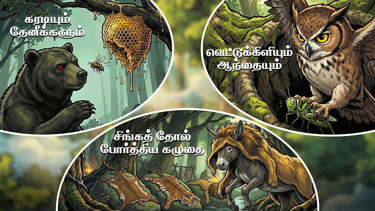 கரடியும் தேனீக்களும் | வெட்டுக்கிளியும் ஆந்தையும் | சிங்கம் தோல் போர்த்திய கழுதை | Tamil Fairy Tales