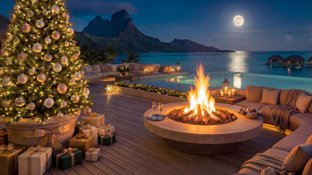 Christmas Fireplace 4K | Cozy Jazz + Crackling Fire | Tropical Terrace Ocean View | 3 Hours