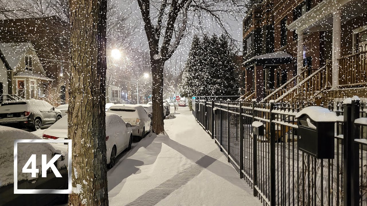 4K Chicago's Logan Square - Night Walking Tour in Fresh Snow - ASMR - USA