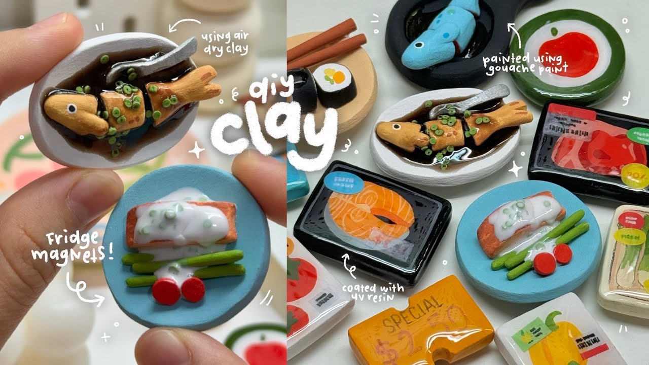 making grocery items clay magnets🍅🐟🥩 using air dry clay / no bake ft. Angry Birds 2