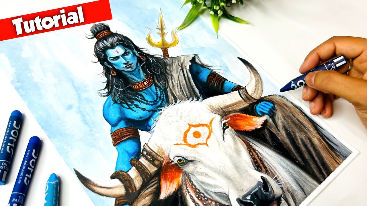 Shiv Ji Drawing, Oil Pastel Drawing, Shiva with Nandi Drawing, Shiv thakur drawing