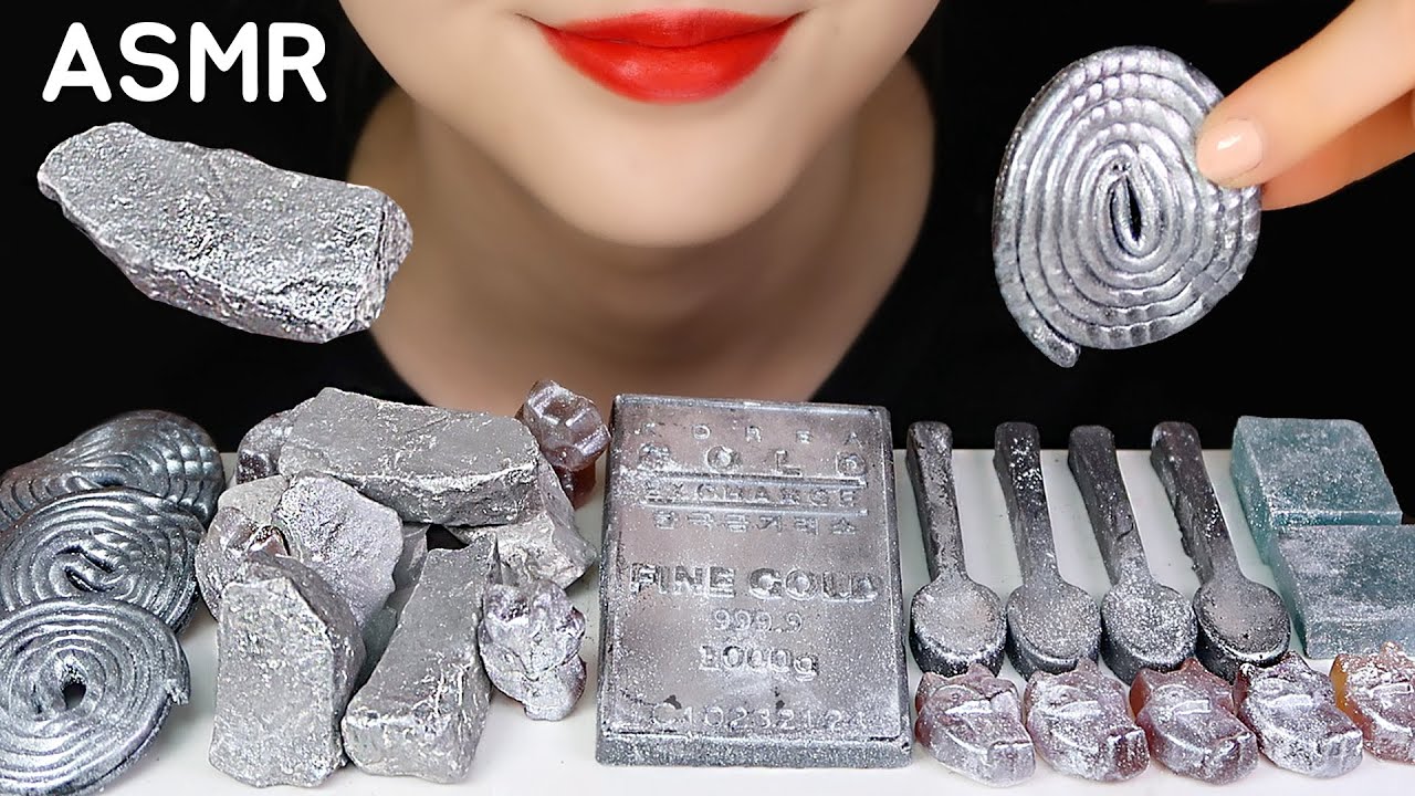 SILVER FOOD ASMR EDIBLE STONE, EDIBLE SPOON, LICORICE CANDY ASMR NO TALKING