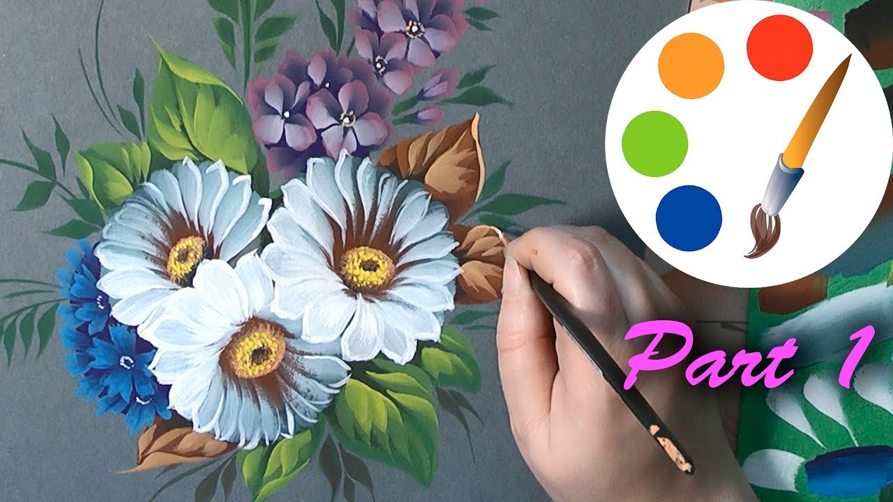 Painting daisies by  flat brushes, paint wildflowers, tutorial, part 1