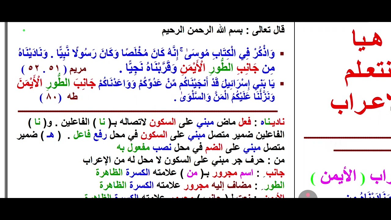 ما إعراب كلمة ( الأيمن ) الواردة في هذين الموضعين من كتاب الله تبارك وتعالى  ؟