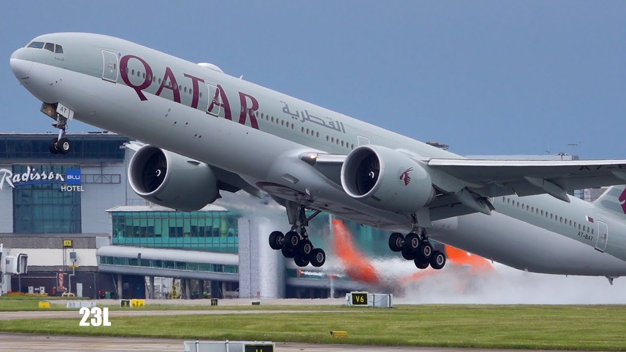 QR28 Great Takeoff Qatar Airways Boeing 777-3DZ ER A7-BAT Manchester MAN To Doha DOH 11/05/2021