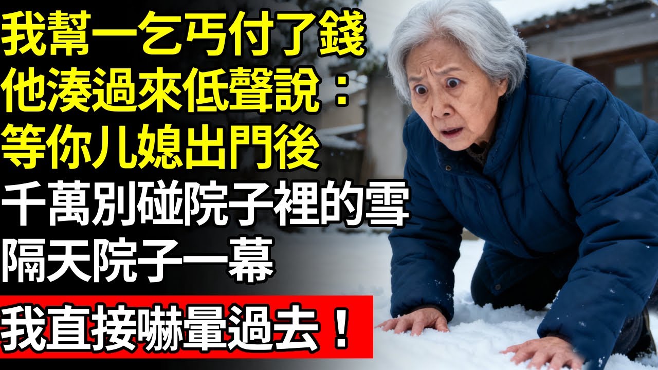 我幫一位乞丐付了錢，他湊過來低聲對我說：“等你兒媳出門後，千萬不要碰院子裡的雪”，我笑了笑，但還是把他的話記在了心裡，第二天我走到門廊上，看到眼前的一幕差點沒暈過去#養老#不孝子#人間家事#退休金