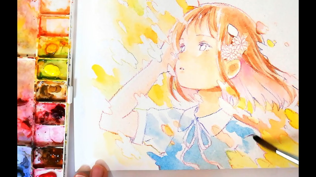 【透明水彩】春の女の子 描いてみた