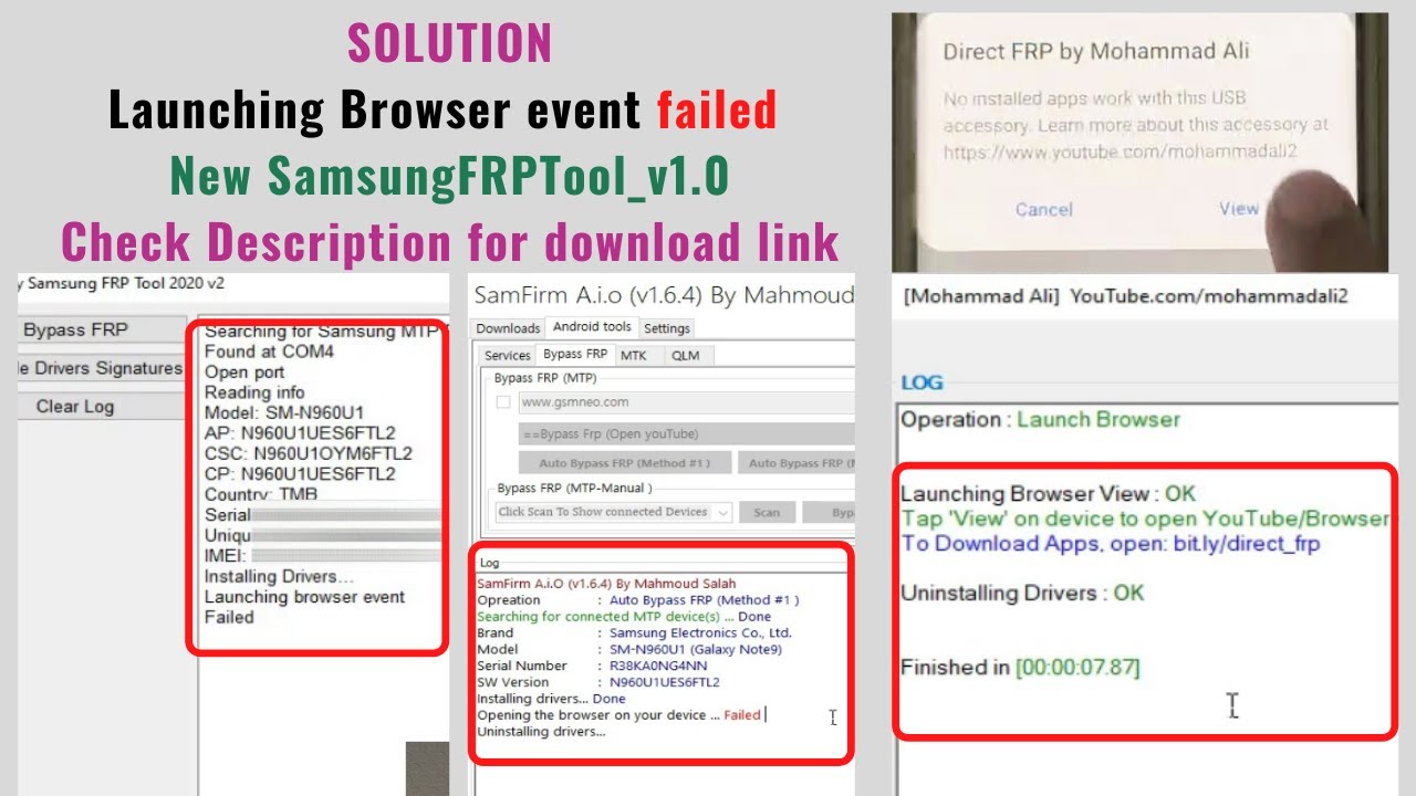 SOLUTION:  Launching Browser event Failed - 100% FIXED via New SamsungFRPTool_v1.0 - Link inside!