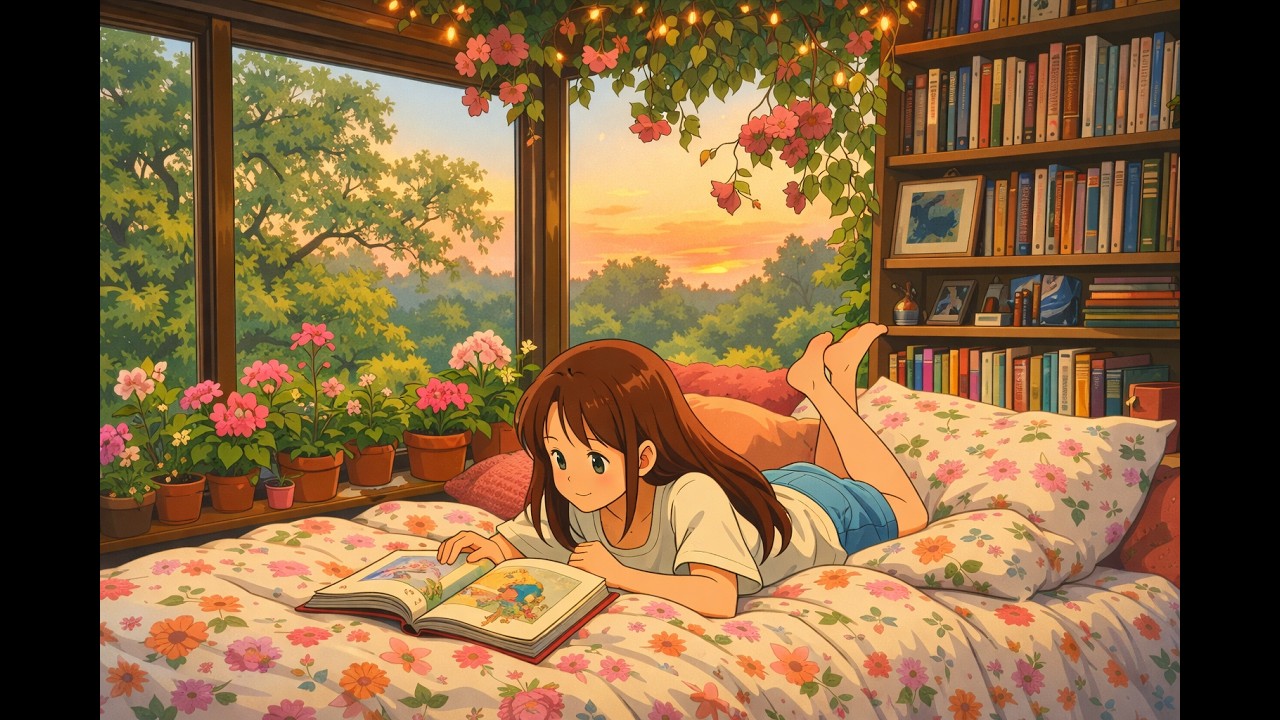 Cozy Ghibli Bedroom Sunset Ambience | Relaxing Reading Room, Study & Sleep Background (4K)
