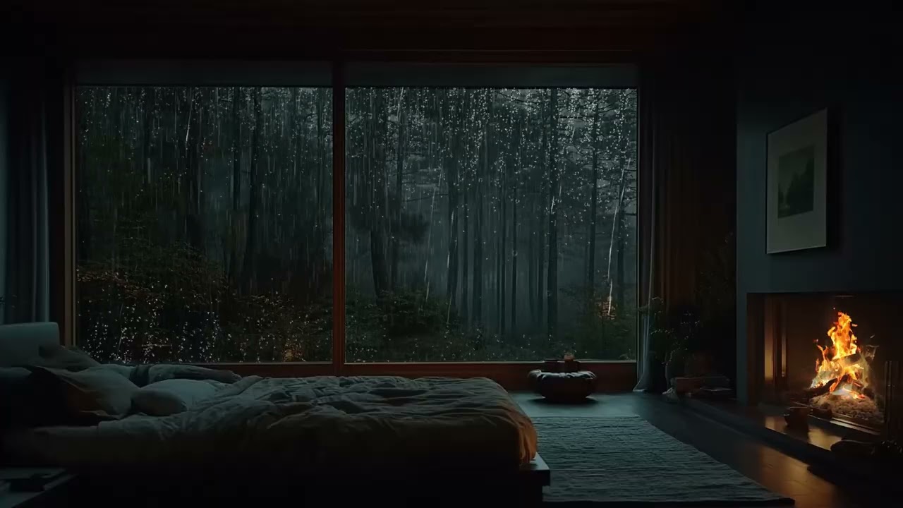 Anxiety Relief and Restful Sleep with Rain on the Window and Fireplace at Night | Relaxing Sound