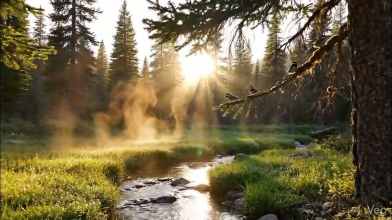 Sunlit Pine Forest & Flowing Stream,  Relaxing Nature Ambience