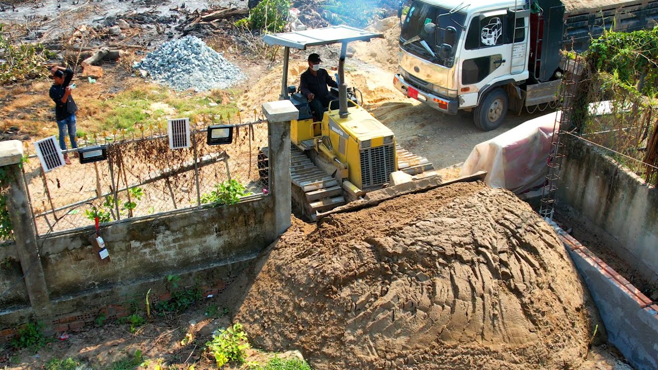 5 Ton Truck And Komatsu D20P Dozer Working Moving Sand Filling Making Foundation House 10 X 25 Meter