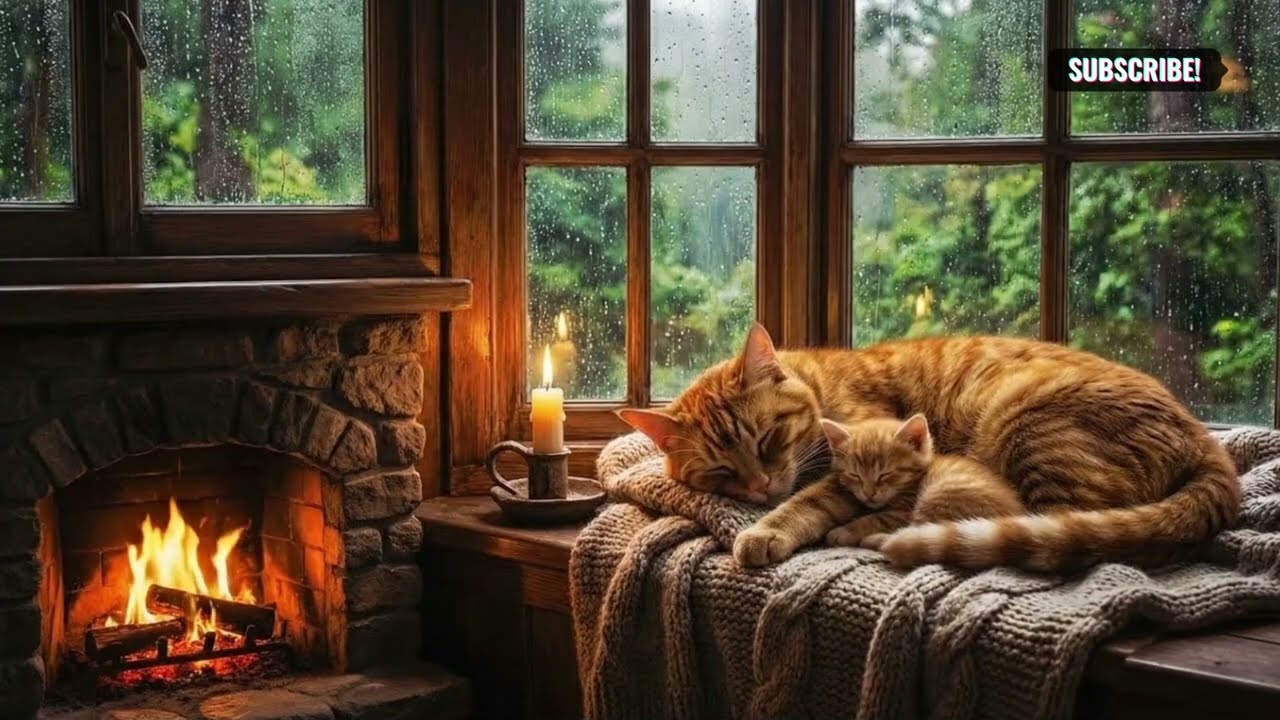 |Deep sleep| Mama Cat & Baby Kitten Snuggle by Cozy Fireplace 🔥🌧️ Rainy ASMR |NoMusic