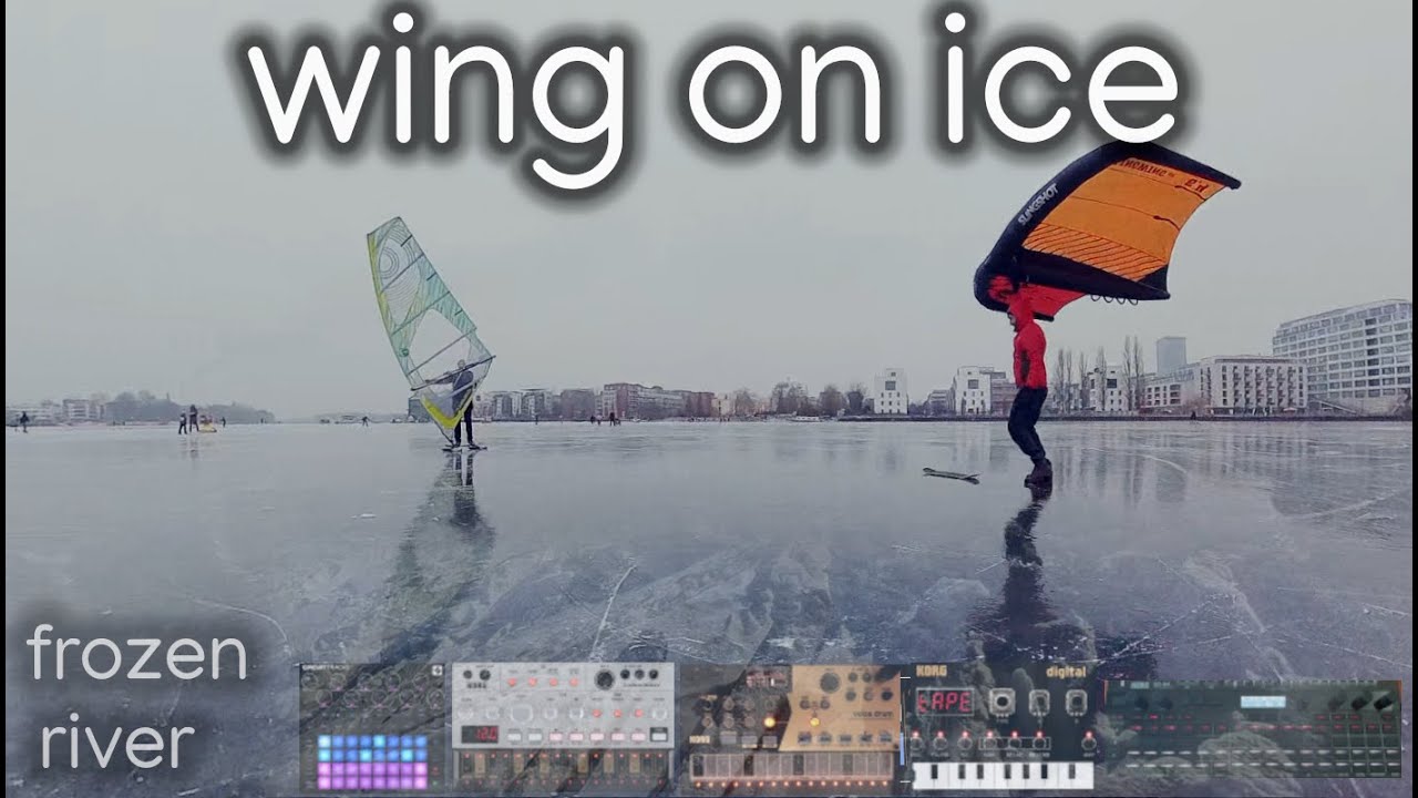 wing foil on ice - slide on a frozen river