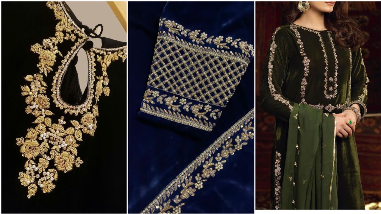 Embroidered velvet dress design ideas||Velvet neck designs|| Post Wedding dresses #glamorousworld