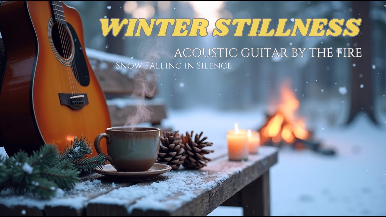 Winter Stillness — Acoustic Guitar by the Fire | Snow Falling Softly in a Silent Forest Night