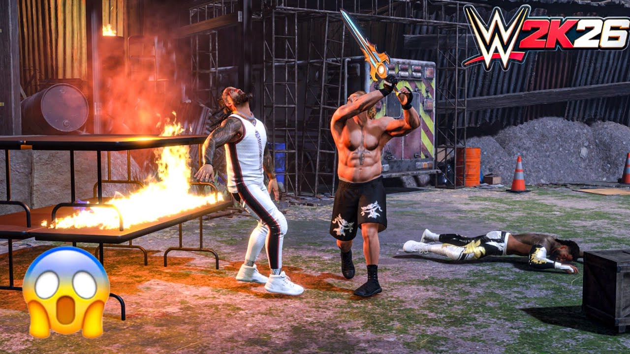 WWE 2K26 Scrapyard Brawl - Brock Lesnar vs Jey Uso and Jimmy Uso | Gameplay