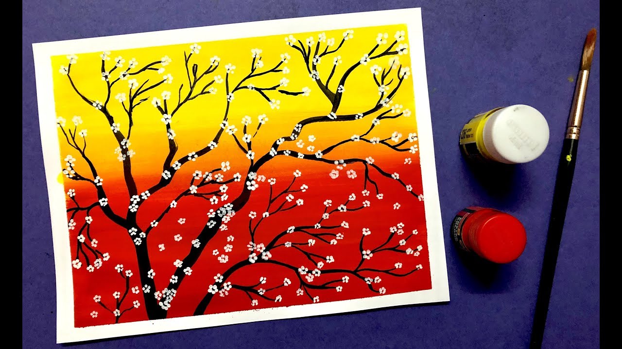 Easy Cherry Blossom Flower Painting Tutorial with Poster Colours | Step by Step
