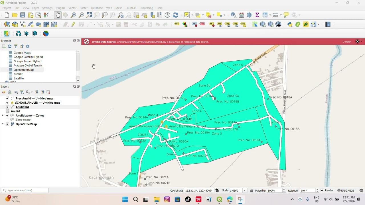 Creating a Barangay Anulid, Alcala, Pangasinan Map shapefile using Google Earth to Quantum GIS