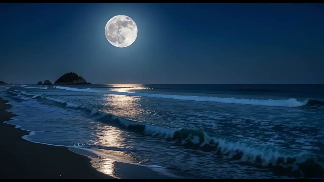 [8H] Sound of waves to fall asleep while looking at the moon | Black screen in 10 minutes