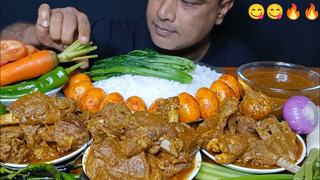 ASMR EATING HUGE SPICY MUTTON CURRY, WHITE RICE, MUTTON GRAVY, EGG  FRY, RAI SAAG BOILED, SALAD😋