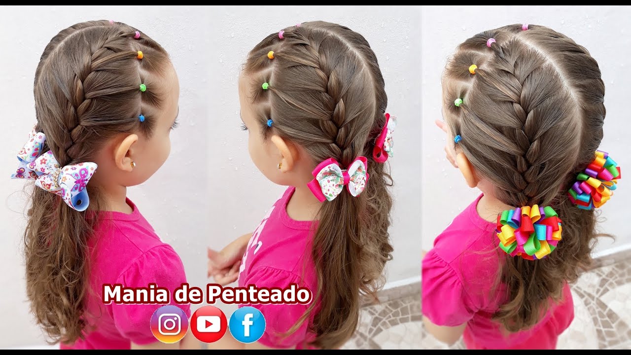 Penteado Infantil com Ligas, Tranças e Maria Chiquinha | Two Ponytails with Elastics and Braids