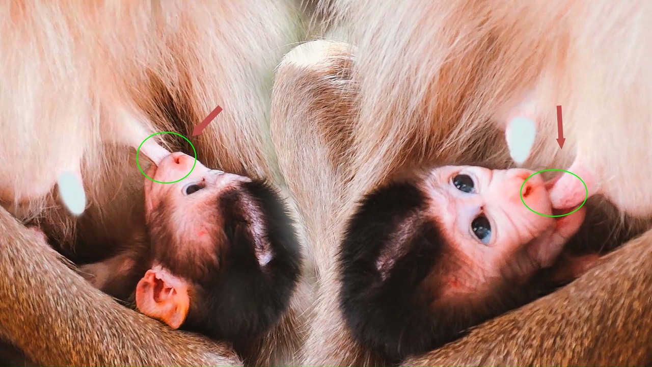 A cute baby monkey is a/n/g/r/y with its mother for not being able to suckle enough milk